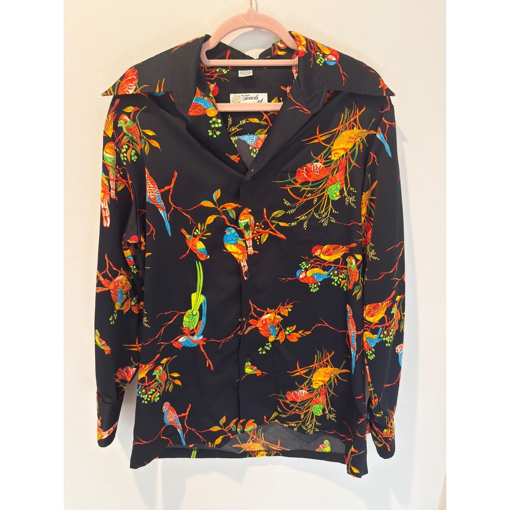 Vintage 70s Touch of Class Black Satin Bird Print Butterfly Collar Shirt Large